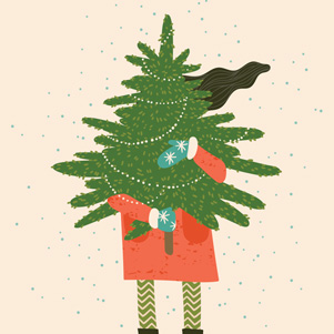 Merry Christmas - girl with a Christmas tree